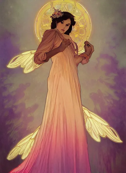 Image similar to ombre velvet gown, alphonse mucha, beautiful elegant woman with glowing wings, portrait, neon outline, long hair, tiara, dozens of jeweled necklaces, by greg rutkowski, brom, anato finnstark