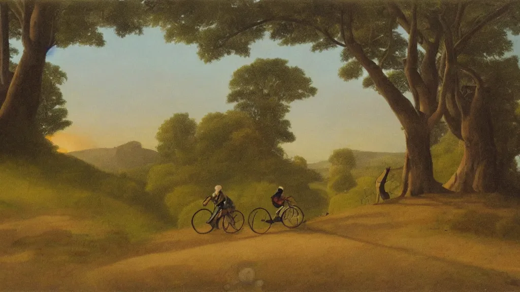 Prompt: a few sloth friends, riding their bicycles down the hill, dreamy landscape, sunset, in the style of michael sowa