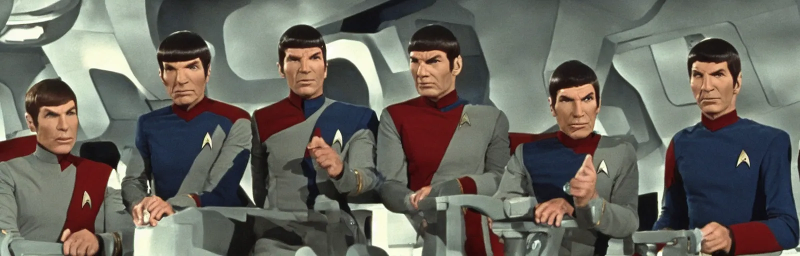 Image similar to a screencap of captain kirk, mr. spock and doctor mccoy on the bridge of the enteprise, in star trek the original series