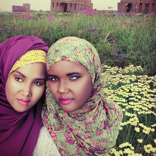 Prompt: somali friends, vintage, field of flowers, city bridge, beautiful, happy, dreamy, pastel, highly detailed, detailed faces, high focus, dreamy, pastel