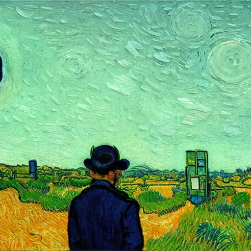 Prompt: painting of the last human on earth watching annalien invasion descending onto a city, in the style of Vincent Van Gogh and Edward Hopper