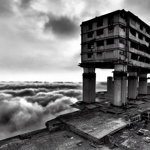 Image similar to ancient hi tech sci fi industrial superstructure standing above the clouds with an abandoned city on top, photograph, derelict, hyperrealism, megastructure