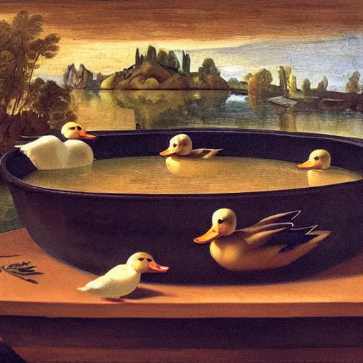 Image similar to ducks swimming in a big bowl of soup, renaissance painting, morning lighting, 8k