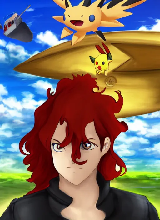 Image similar to A pokemon style portrait of a long haired, red headed male sky-pirate in front of an airship