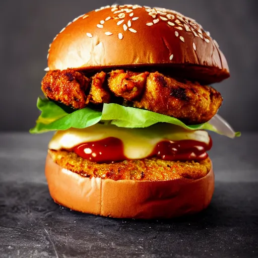 Image similar to a spicy crispy chicken burger, food photography, detailed, yum, sauce dripping down the side