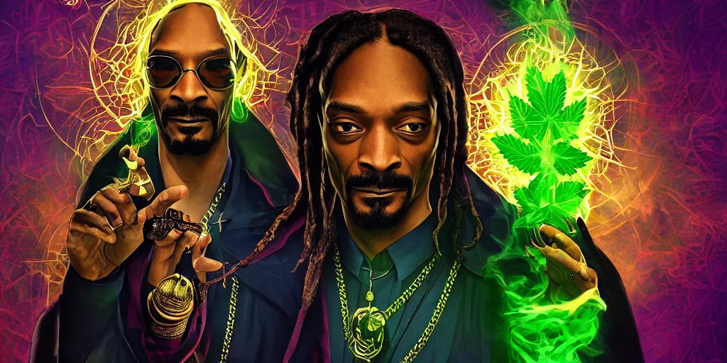 Image similar to snoop dogg doctor strange, smoke weed, marijuana, marijuana leaves, green light, highly detailed, environmental light, cinematic by francis tneh