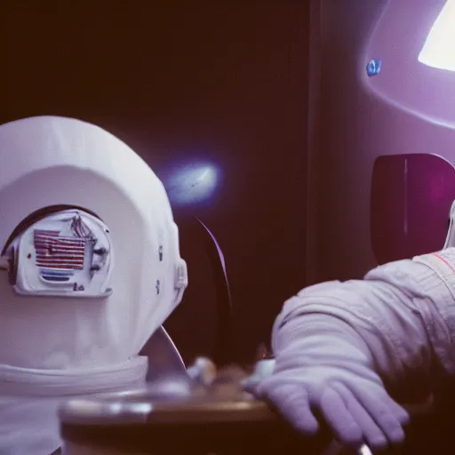 Prompt: a beautiful photo of an astronaut waiting in a laundromat, 1970', soft light, photorealistic, realistic, octane, 8k, cinematic shot