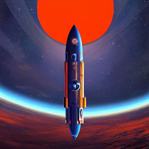 Image similar to Blue V2 rocket in space, tin tin, Orange planet, intricate, SCI-Fi, movie poster, digital art by raphael lacoste