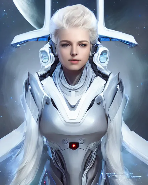 Image similar to photo of a beautiful girl on a mothership, android, warframe armor, pretty face, scifi, futuristic, galaxy, raytracing, dreamy, perfect, aura of light, pure, white hair, blue cyborg eyes, glow, insanely detailed, artstation, innocent look, art by gauthier leblanc, kazuya takahashi, huifeng huang