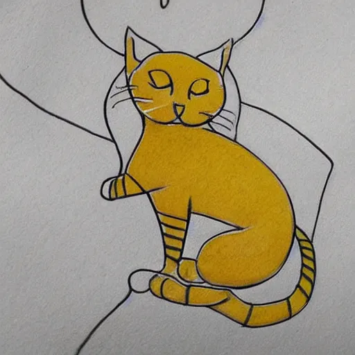 Image similar to tattoo sketch on yellow paperp, polynesian style, cat hugging the sun, maori, line