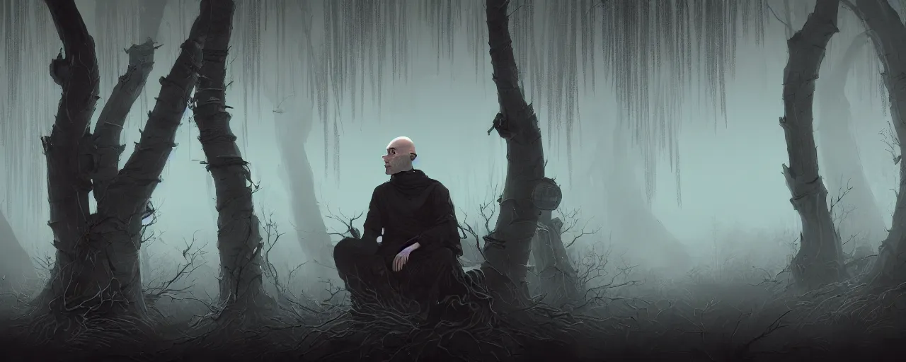 Prompt: duotone noir illustration close up of bald merchant demon sitting in midair among willow tree in medieval brown tunic. foggy evening. dark dream atmosphere with volumetric hellish lighting, by sachin teng and sergey kolesov and ruan jia and heng z. graffiti art, scifi, fantasy, hyper detailed. octane render. concept art. trending on artstation