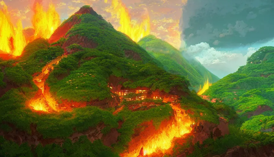 Image similar to A highly detailed digital art painting of a beatiful green valley villiage with flaming volcanoes in the background by Studio Ghibli, Makoto Shinkai, by Artgerm, by beeple, volumetric lighting, octane render, 4K resolution, trending on artstation, masterpiece, vivid colours