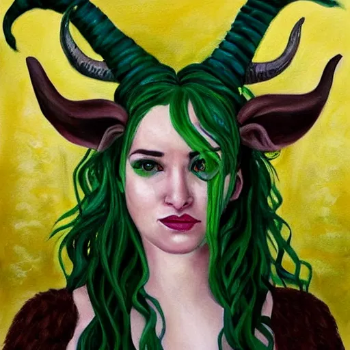 Image similar to a beautiful painting of Ashley Johnson as a satyr with green hair and ribbons, curly horns and goats eyes.