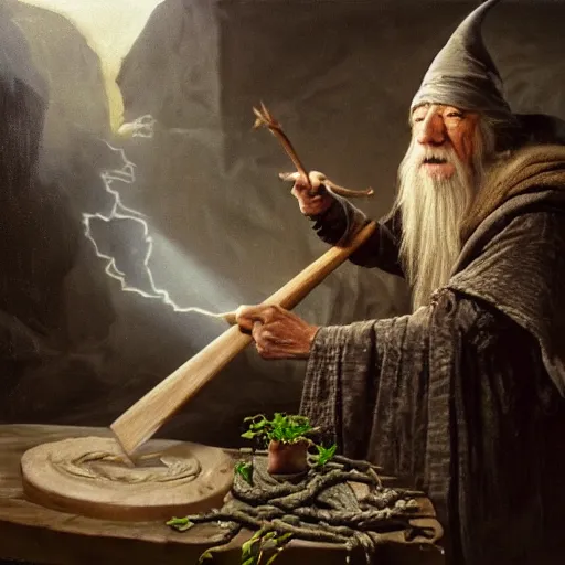 Prompt: the evil ian mckellen smithing on an anvil as gandalf in a dark viking hood playing odin all father crafting the plant of life with vines on an anvil, highly detailed, cinematic shot, cinematic lighting, 8 k, exquisit facial detail, painting by artemisia gentileschi, chiaroscuro, dark painting.