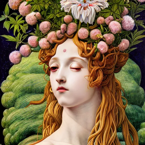 Prompt: the Deity of Summer, the entire body is composed out of roots, plants, flora and fauna, that take on a human form, in a style blending pre-raphaelite paintings, shojo manga, Japanese street fashion, Botticelli, and Magic realism, photorealistic 4k, masterpiece, very fine ink lines, sfumato, dramatic lighting