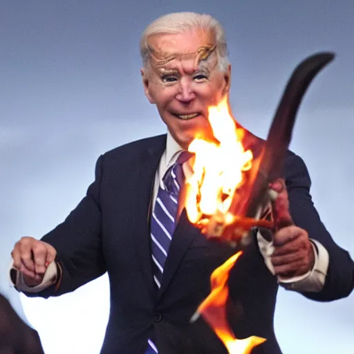 Prompt: Joe Biden wielding a flaming sword