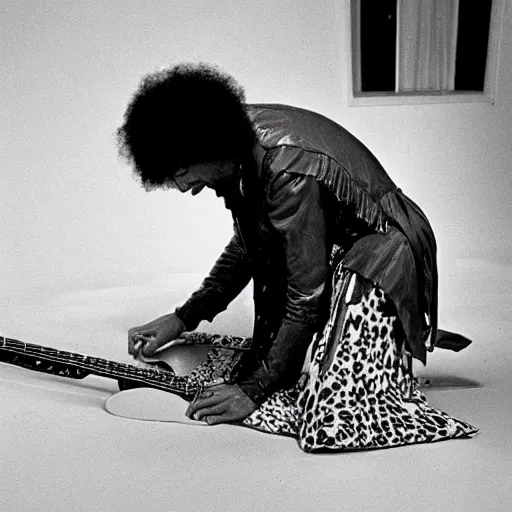 Prompt: jimi hendrix bend over to pick up a small object from the floor