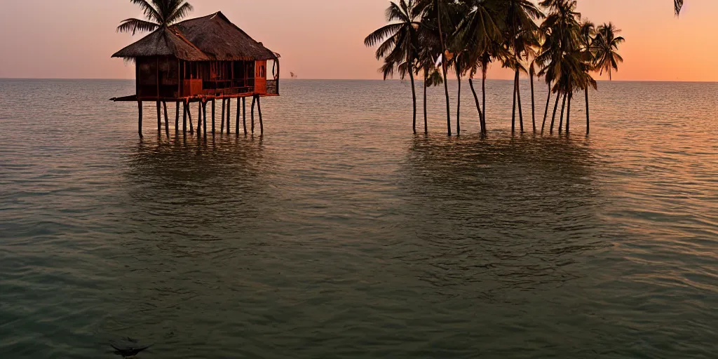 Prompt: floating sri lankan house in the sea, photography, evening sunset