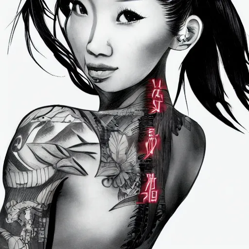 Image similar to pretty asian woman with a black ponytail, tattoos on arms, cybernetic spinal implant, concept art,