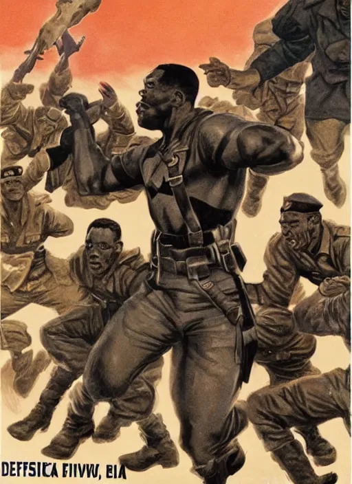 Image similar to black captain america standing on a pile of defeated german soldiers. black captain america wins wwii. american wwii propaganda poster by james gurney