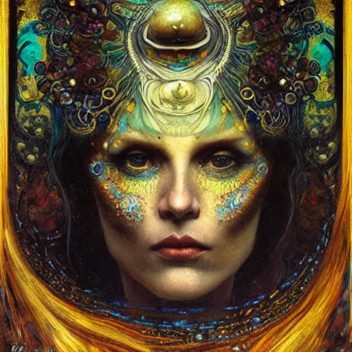 Image similar to Memento Mori by Karol Bak, Jean Deville, Gustav Klimt, and Vincent Van Gogh, beautiful visionary mystical portrait, calavera, otherworldly, fractal structures, ornate gilded medieval icon, third eye, spirals, jeweled calavera by Jean Delville