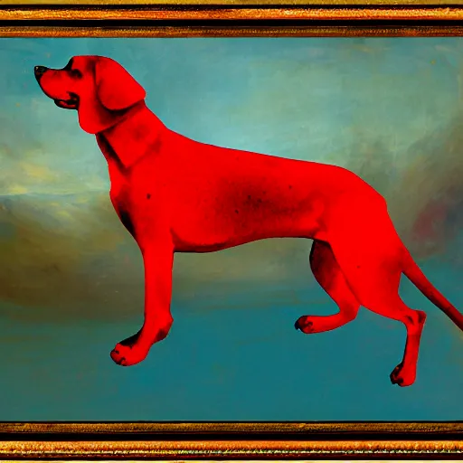 Image similar to A red dog sitting in the middle with red spots. in the art style of William Turner. Dramatic lighting, minimal painting, high resolution. Positive vibes