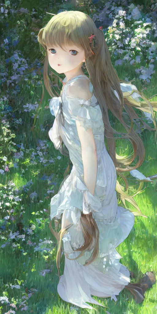 Prompt: a digital art full of atmosphere of a loli with long hair in a dress in the privet garden at after noon, green and warm theme, low angle, back lighting, highly detailed, 4 k resolution, trending on art station, by krenz cushart and mucha and akihito yoshida and greg rutkowski and makoto shinkai