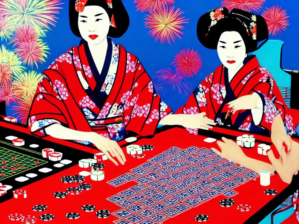 Image similar to hyperrealistic composition of the detailed woman in a japanese kimono sitting at a extremely detailed poker table with detailed darth vader, fireworks, mount fuji on the background, pop - art style, jacky tsai style, andy warhol style, acrylic on canvas