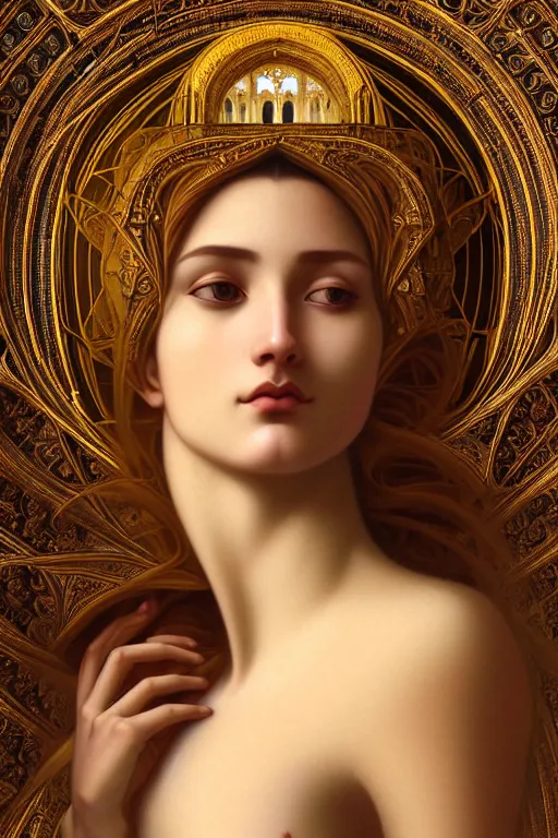 Image similar to portrait of a beautiful goddess face merging with a cathedral building, unusual beauty, etheric, emotionally evoking symbolic metaphors, head in focus, fantasy, ornamental, intricate, elegant, sensual, highly detailed digital painting, artstation, concept art, painterly, golden ratio, sharp focus, illustration, art by Antonio Mora and John William Godward and Alphonse Mucha and Zdzisław Beksiński,