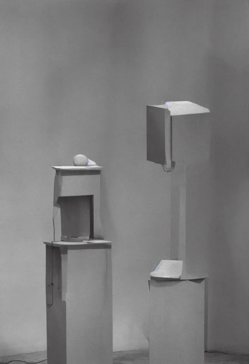 Prompt: minimal machine by Marcel Duchamp, simple readymade object on a pedestal, empty room, archive photography