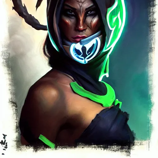 Image similar to greg manchess portrait painting of jade from mortal kombat a dark elf with glowing eyes wearing a mask covering her mouth as overwatch character, medium shot, asymmetrical, profile picture, organic painting, sunny day, matte painting, bold shapes, hard edges, street art, trending on artstation, by huang guangjian and gil elvgren and sachin teng