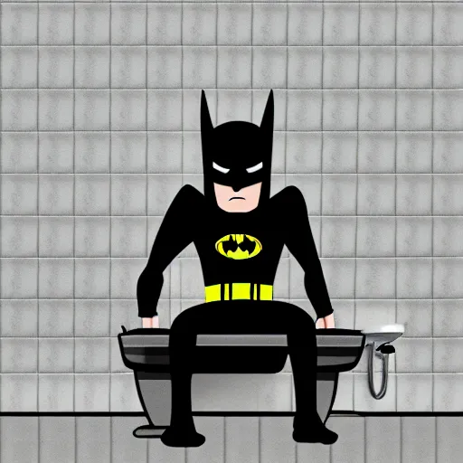 Image similar to dramatic angle drawing of constipated batman sitting on a toilet with pants down, sweating, tiny room with dirty wall tiles, by hayao miyazaki, super detailed, 4 k