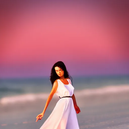 Image similar to a beautiful photograph of a woman in a white dress on the beach at sunset, by krysia lukkason