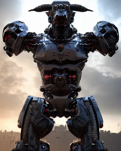 Image similar to a full body shot of an imposing cyborg ( bull ) modeled after a bull looking into the camera, android, cyborg, full body shot, intricate, 3 d, hyper realism, symmetrical, octane render, strong bokeh, fantasy, highly detailed, depth of field, digital art, artstation, concept art, cinematic lighting, trending