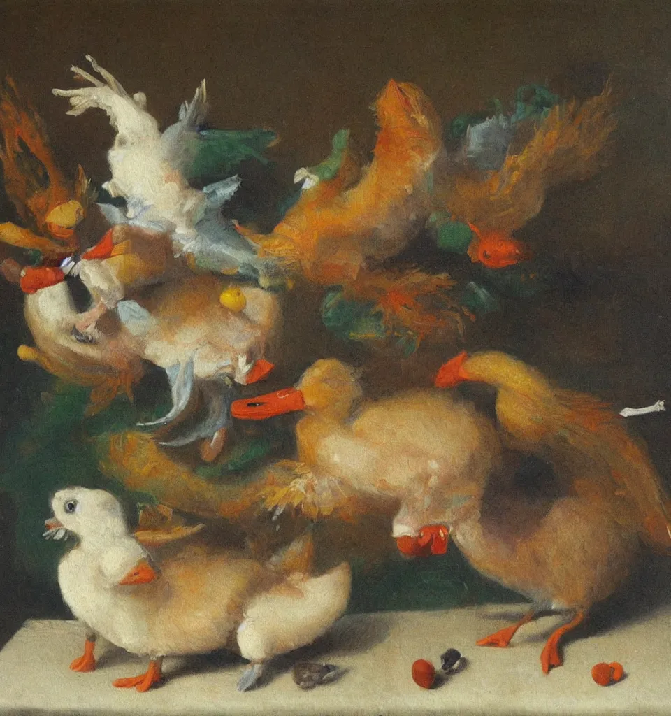 Prompt: still life painting of a fish rabbit dancing with an angry duck on a white table, impressionism