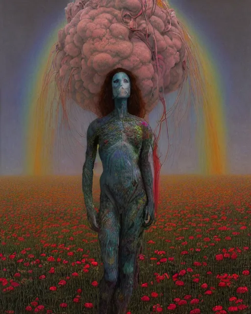 Prompt: A portrait of a woman wearing clothes made out of dying flowers, nuclear explosion in the background, Masterpiece, rainbow colored skin, glowing, wires everywhere, by Edgar Maxence and Ross Tran, Zdzisław Beksiński, and Michael Whelan, distant, gustav dore, H.R. Giger, 8k, octane render