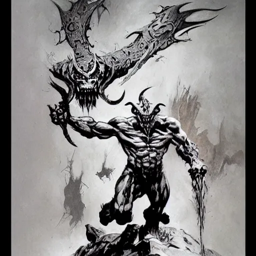 Image similar to demon by Frank Frazetta,fantasy artwork,bold,striking