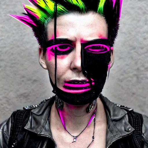 Image similar to neonpunk anarchist with mohawk and cyber implants on face, fuming, angry, grinning, pixel art