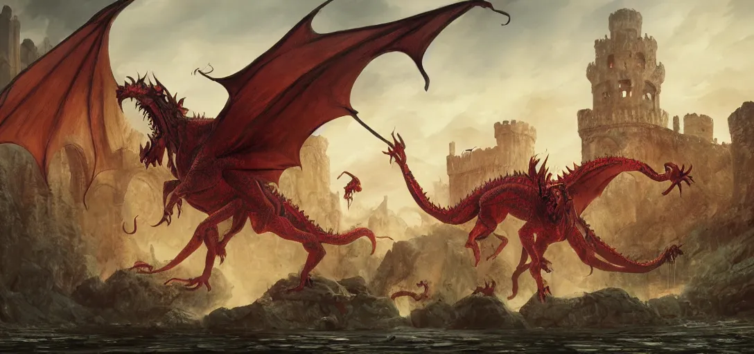 Prompt: wide angle, medieval explorers being chased by a red dragon through castle ruins, lake, realistic digital painting, concept art, coherent design, vivid color, complementary color, rule of thirds, detailed, sharp lines, intricate, in the style of forgotten realms, by studio ghibli, by greg rutkowski, by anato finnstark, deviantart, octane render, cgi