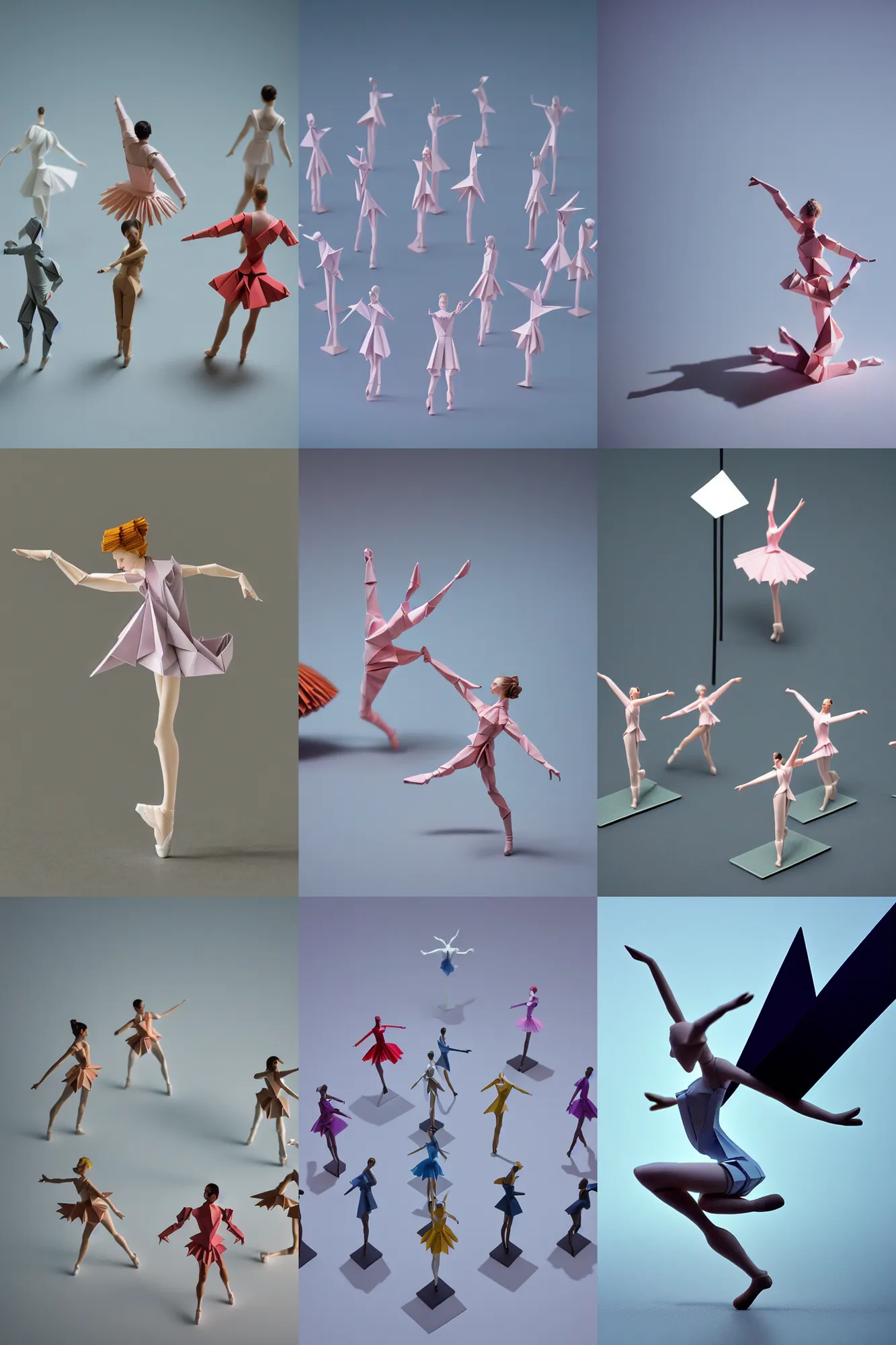 Prompt: beautiful three point perspective film still of funky pop origami ballerina character study scene in merce cunningham, extreme closeup portrait in style of frontiers in blade runner miniature photography fashion architectural art studio seinen manga edition, porcelain holly herndon statues, pointe poses, tilt shift background, soft lighting, kodak portra 4 0 0, 8 k, macro, cinematic style by emmanuel lubezki