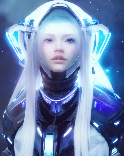 Image similar to perfect android girl on a mothership, warframe armor, beautiful face, scifi, futuristic, galaxy, nebula, raytracing, dreamy, long white hair, blue cyborg eyes, sharp focus, cinematic lighting, highly detailed, artstation, divine, by gauthier leblanc, kazuya takahashi, huifeng huang