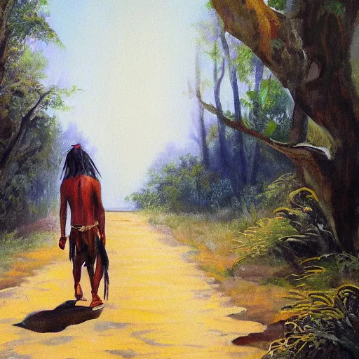 Image similar to 2 d painting of a native american walking to the right on a white studip background, png