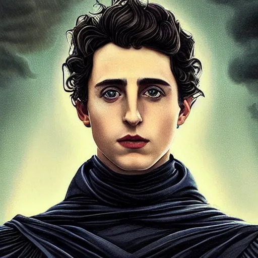 Prompt: realistic paul atreides emperor of the known universe, perfect dramatic and dark portrait by rabbitary b, trending on artstation, deviantart, dune, low angle oil painting and composition laws, dark foggy background, timothee chalamet but he is older, man with thin lines on the face, medium - long curly brown hair, completely blue eyes, denis villeneuve cinematography