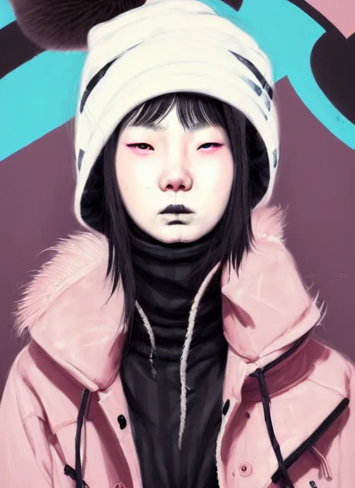 Prompt: highly detailed portrait of a korean sewer punk lady student, blue eyes, burberry hoody, hat, white hair by atey ghailan, by greg tocchini, by kaethe butcher, gradient pink, black, brown, cream and light blue color scheme, grunge aesthetic!!! ( ( graffiti tag wall, plain white background ) )