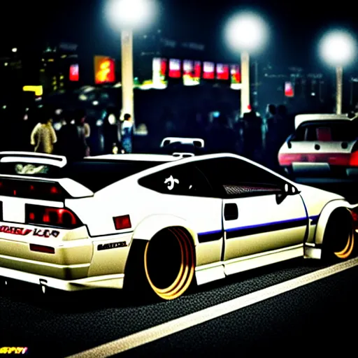 Image similar to a car 300ZX twin turbo drift at illegal car meet, Shibuya prefecture, city midnight mist lights, cinematic lighting, photorealistic, highly detailed wheels, high detail