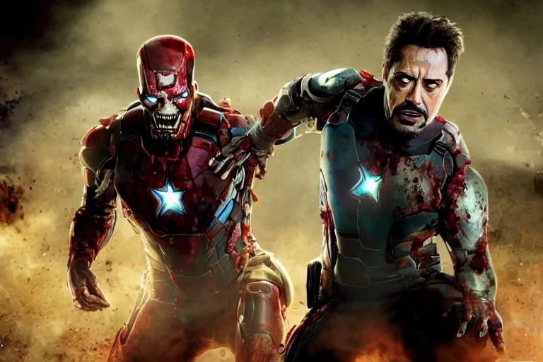 Image similar to film still of zombie zombie Tony Stark as a zombie in new avengers movie, 4k