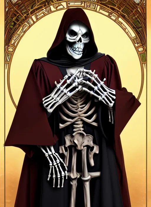 Prompt: undead skeleton king, wearing an academic gown, tarot card, highly detailed, deep focus, elegant, digital painting, smooth, sharp focus, illustration, ultra realistic, 8 k, art by artgerm and alphonse mucha