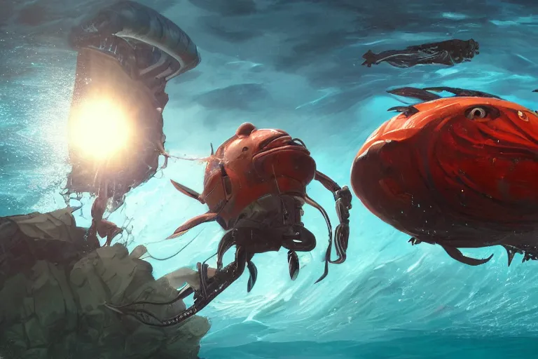 Image similar to incredible screenshot of an underwater swimming robot, dynamic camera angle, deep 3 point perspective, fish eye, dynamic extreme foreshortening of the giant sea monster it is fighting, sunlight pierces the water illuminating the robot, by phil hale, ashley wood, geoff darrow, james jean, 8k, hd, high resolution print