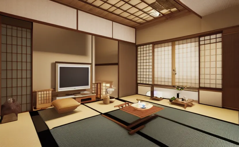 Prompt: japanese style living room, bright, light wood, clean, cozy, 3 d render