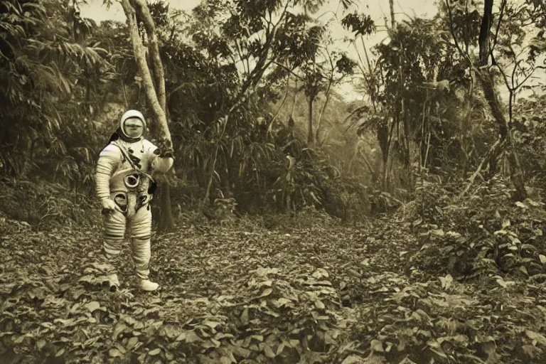 Image similar to a colonial closeup photograph of a Astronaut in a village at the river bank of Congo , Thick jungle, scary, evil looking, wide angle shot